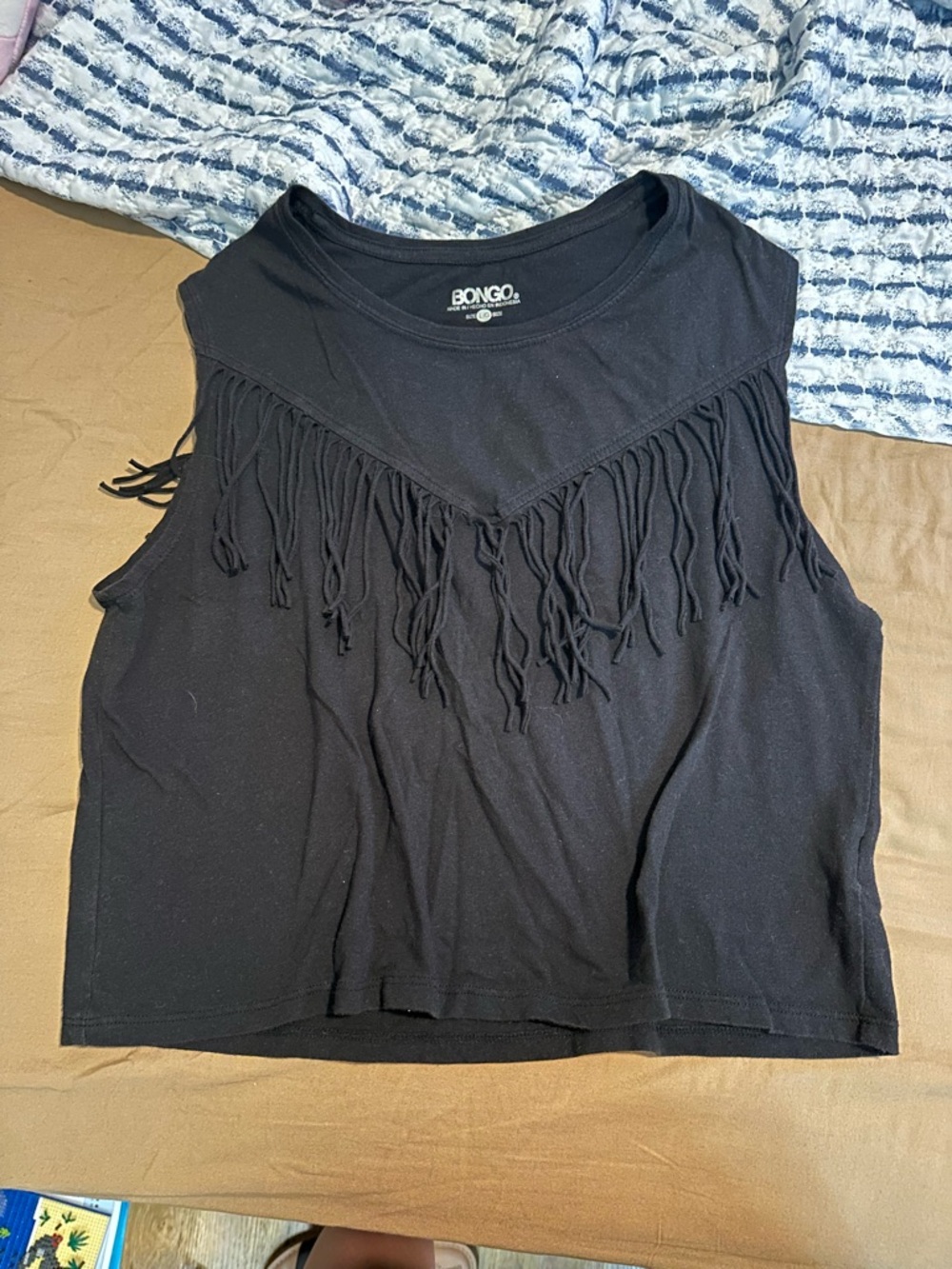 BONGO Black Sleeveless Fringe Crop Tank
